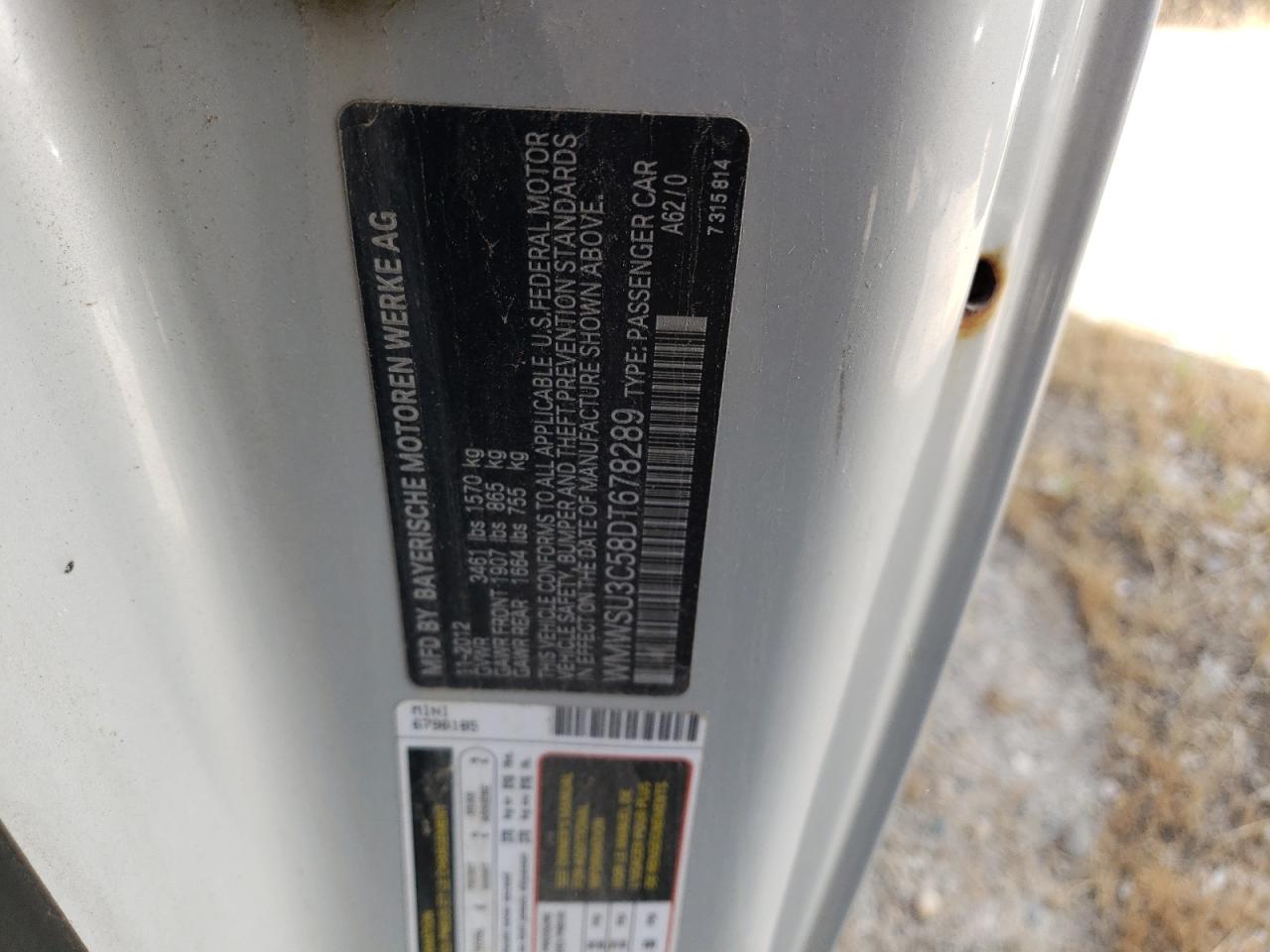 2013 Mini Cooper VIN: WMWSU3C58DT678289 Lot: 60936345