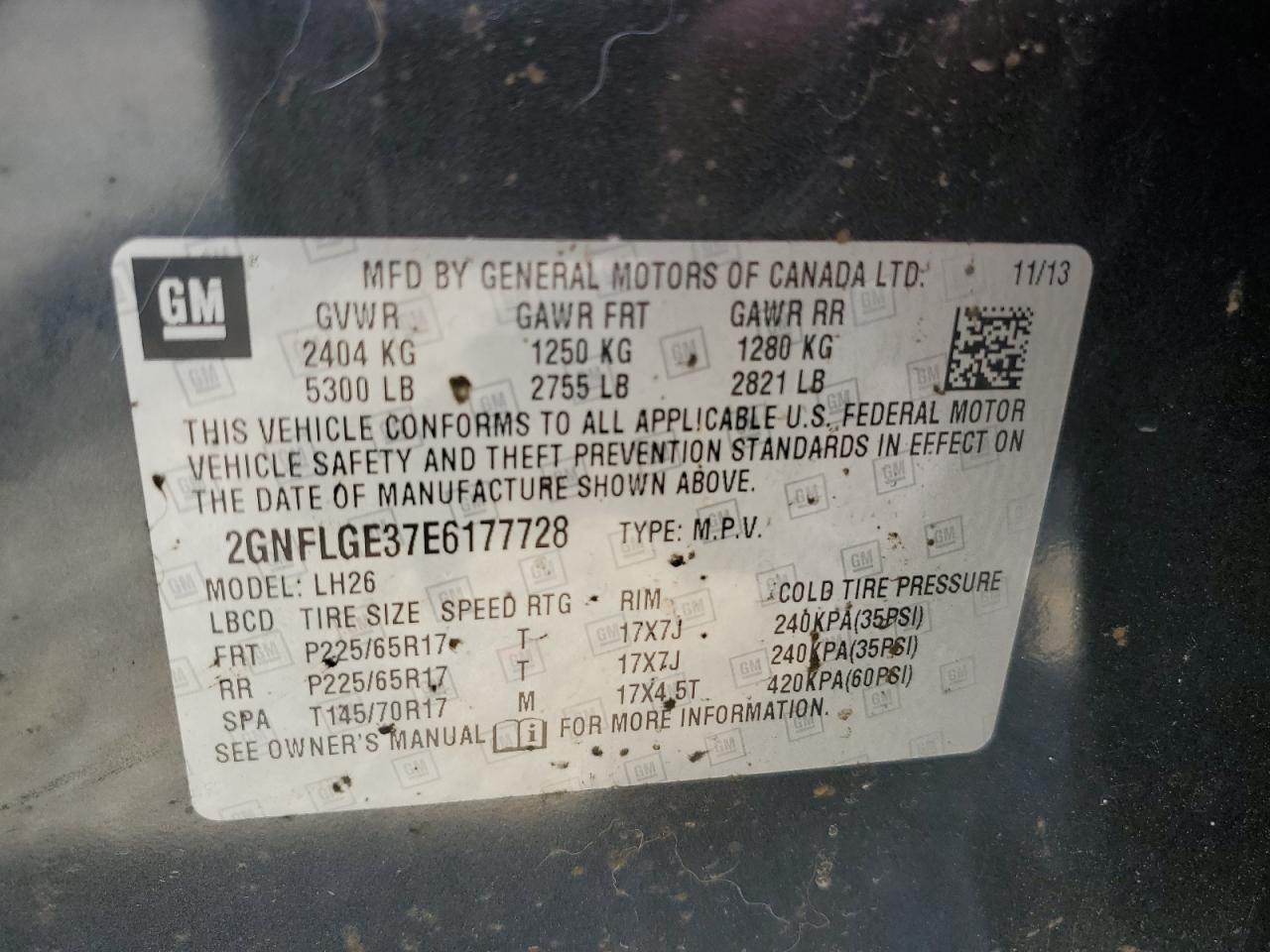 2014 Chevrolet Equinox Lt VIN: 2GNFLGE37E6177728 Lot: 62410755
