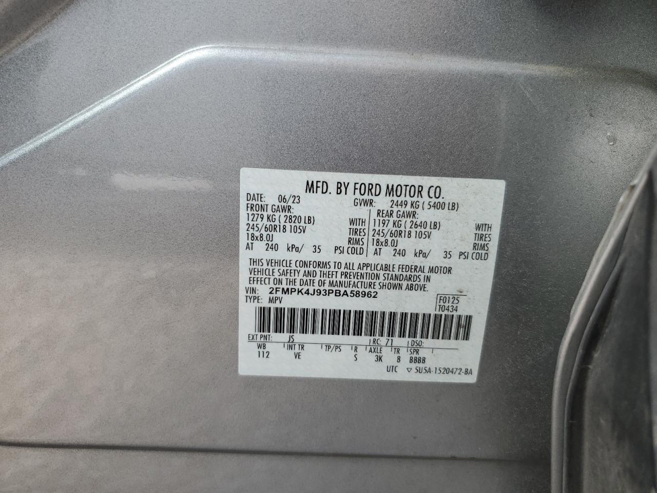 2023 Ford Edge Sel VIN: 2FMPK4J93PBA58962 Lot: 62953755