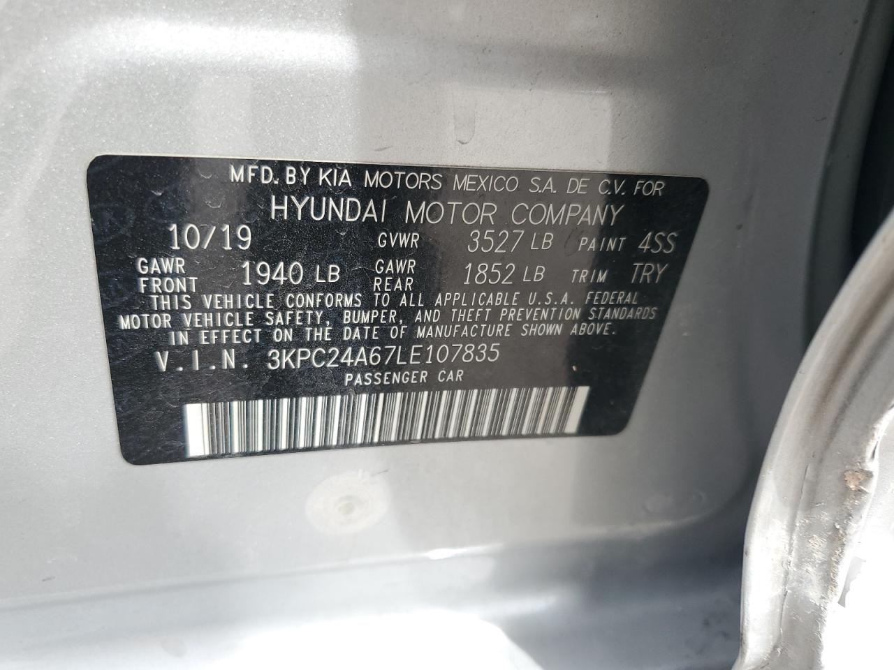 2020 Hyundai Accent Se VIN: 3KPC24A67LE107835 Lot: 62398395