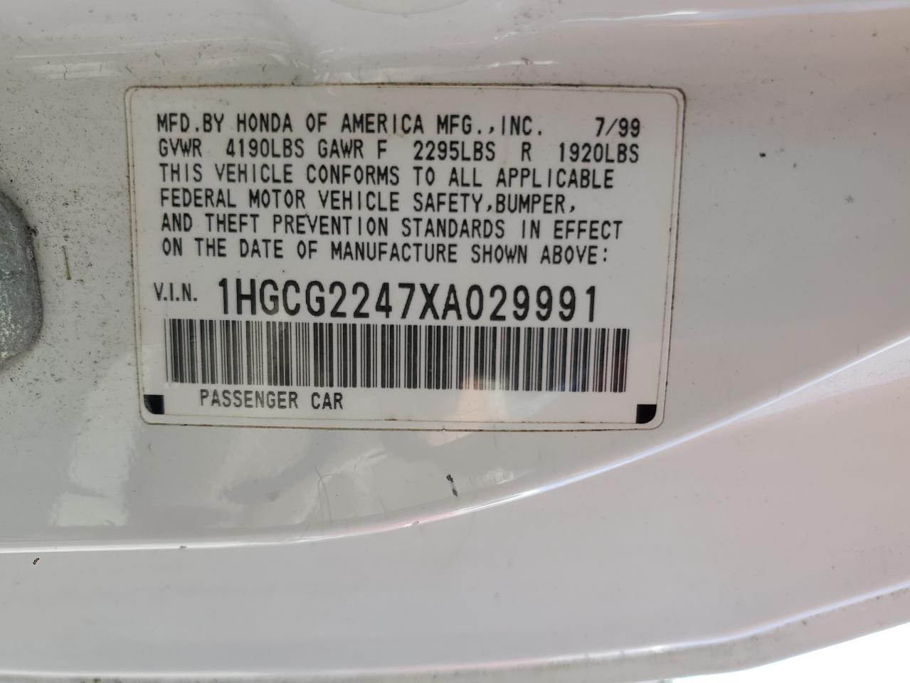 1999 Honda Accord Lx VIN: 1HGCG2247XA029991 Lot: 62537855