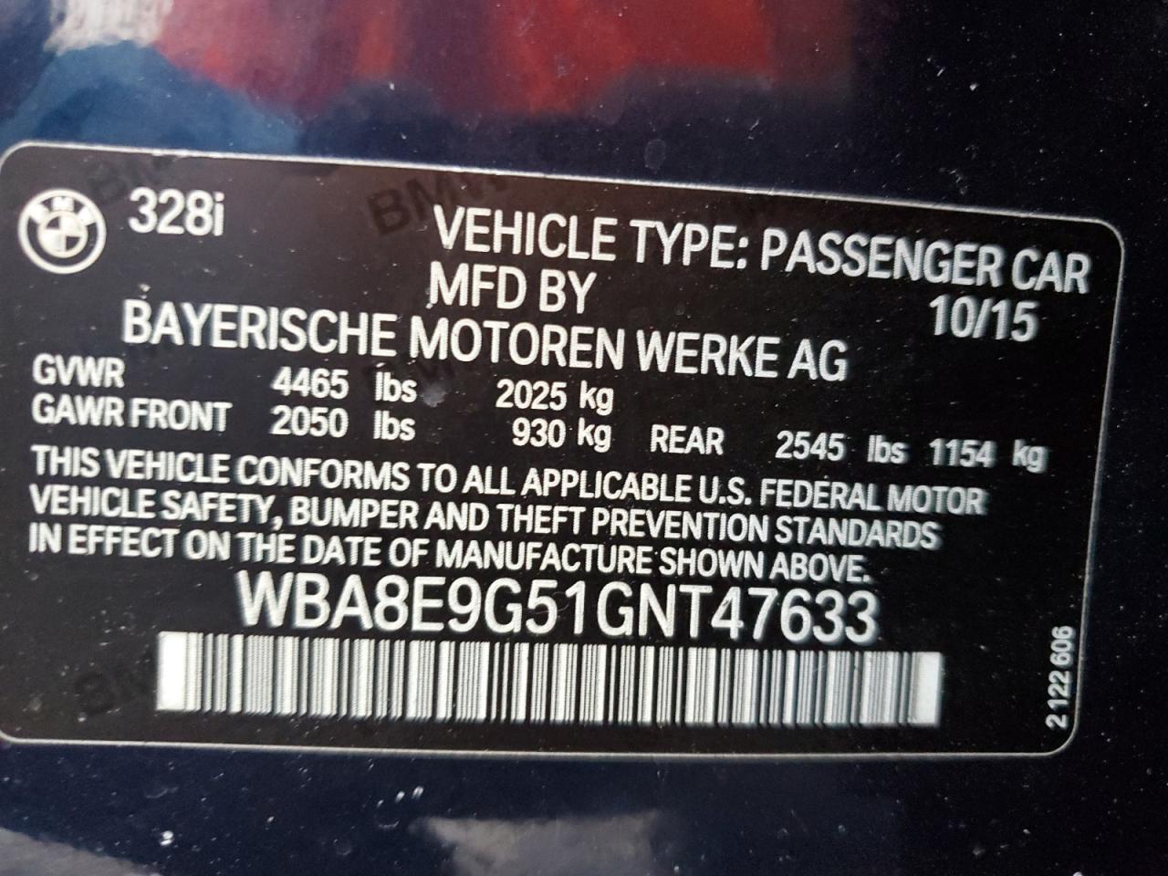 2016 BMW 328 I Sulev VIN: WBA8E9G51GNT47633 Lot: 62822875