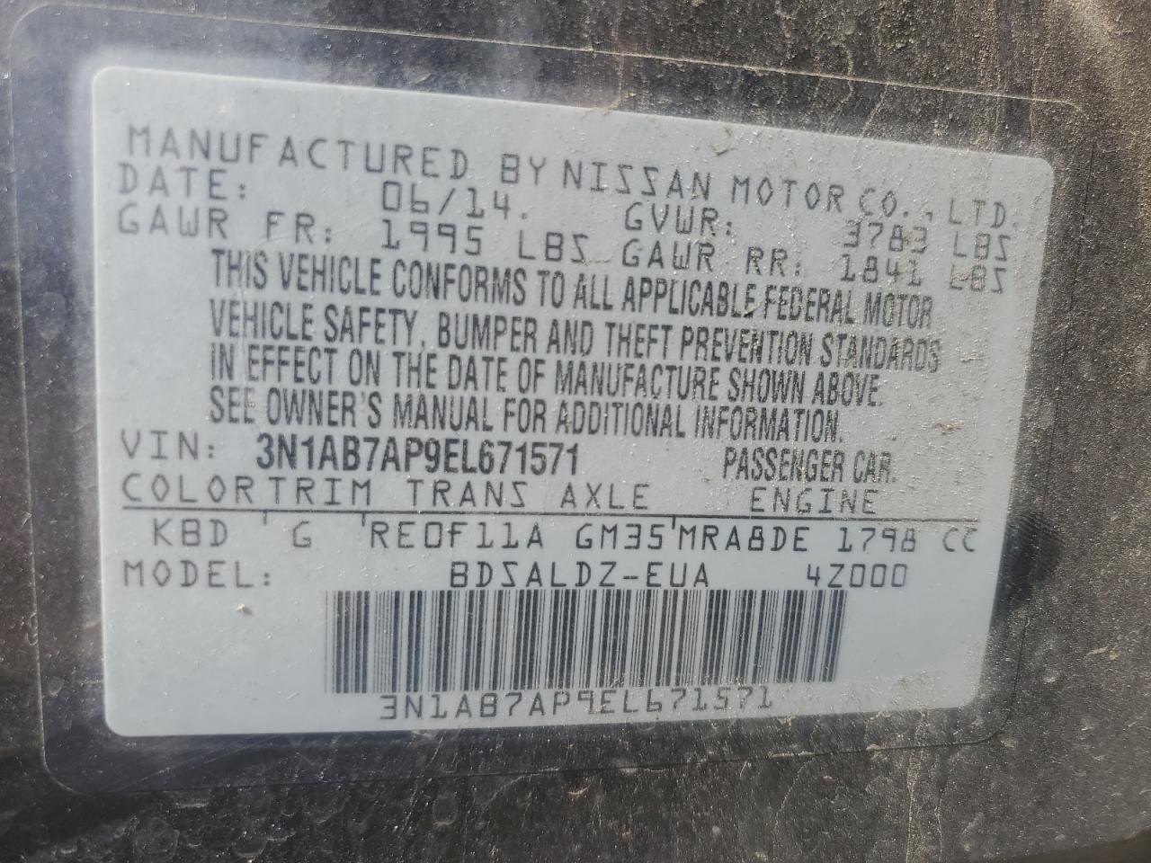2014 Nissan Sentra S VIN: 3N1AB7AP9EL671571 Lot: 62367425