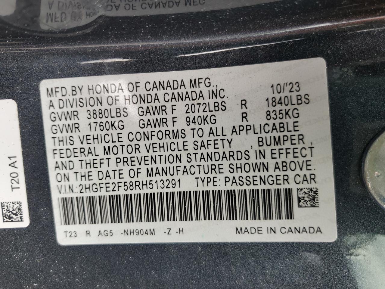 2024 Honda Civic Sport VIN: 2HGFE2F58RH513291 Lot: 60082175