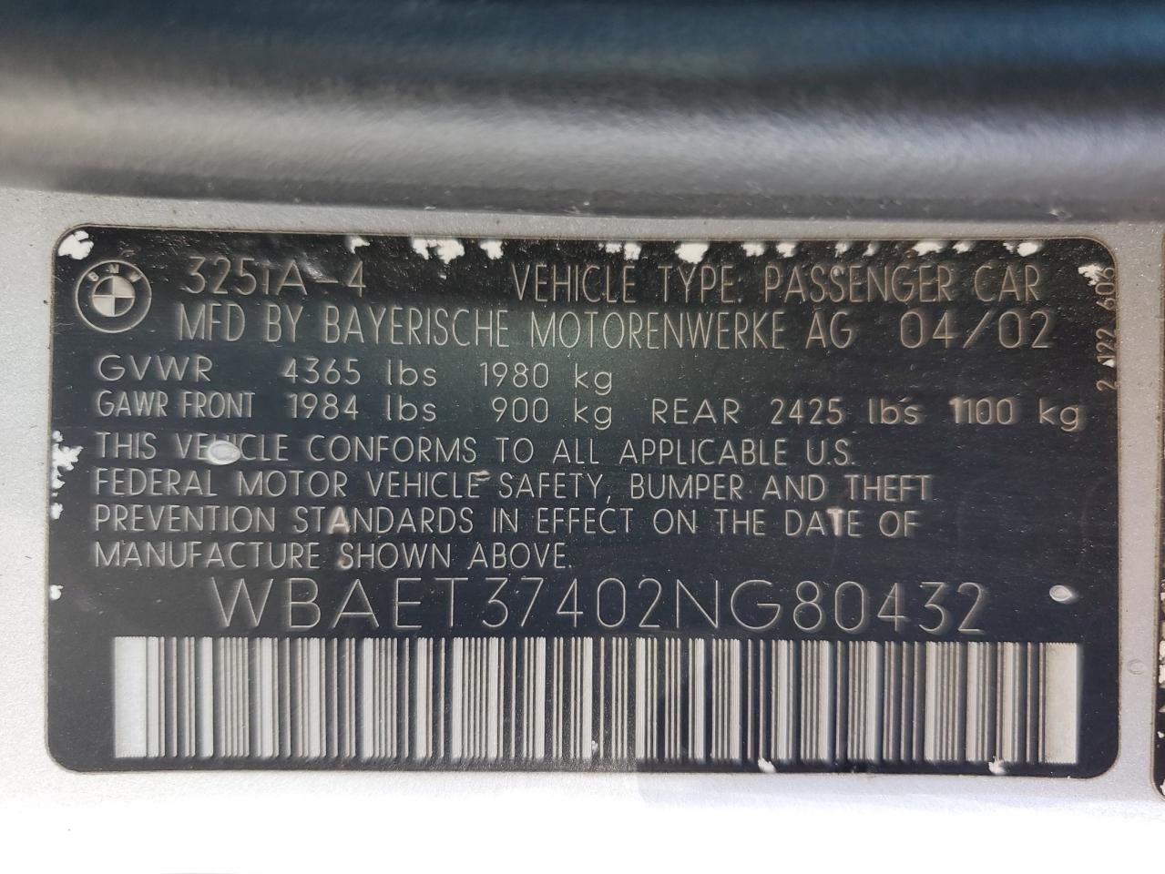 2002 BMW 325 I VIN: WBAET37402NG80432 Lot: 62878485