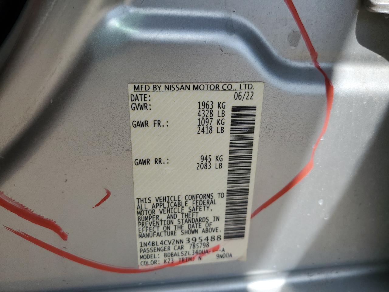 2022 Nissan Altima Sr VIN: 1N4BL4CV2NN395488 Lot: 59619145