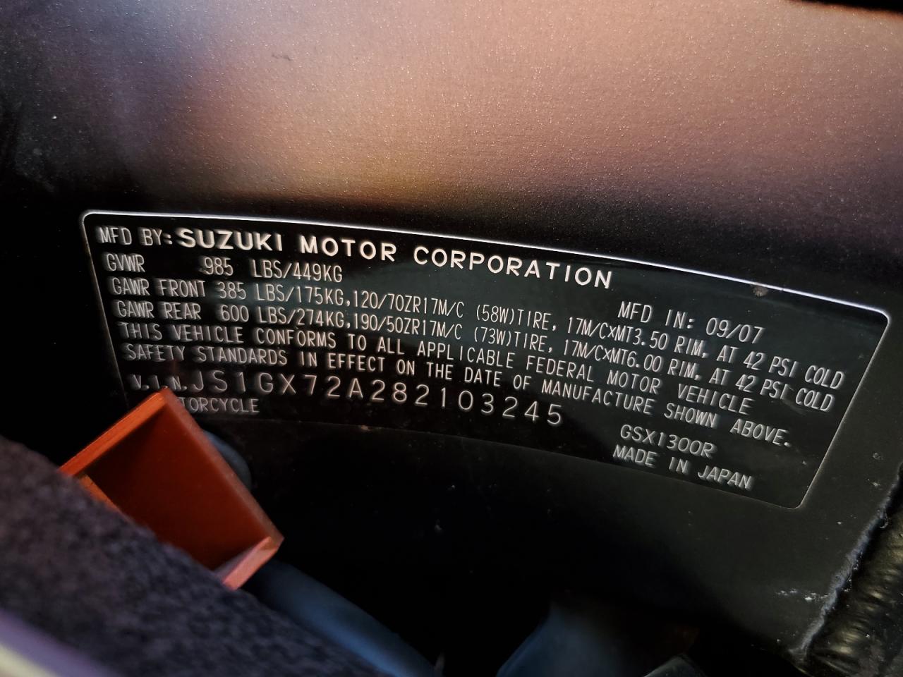 2008 Suzuki Gsx1300 R VIN: JS1GX72A282103245 Lot: 61400675