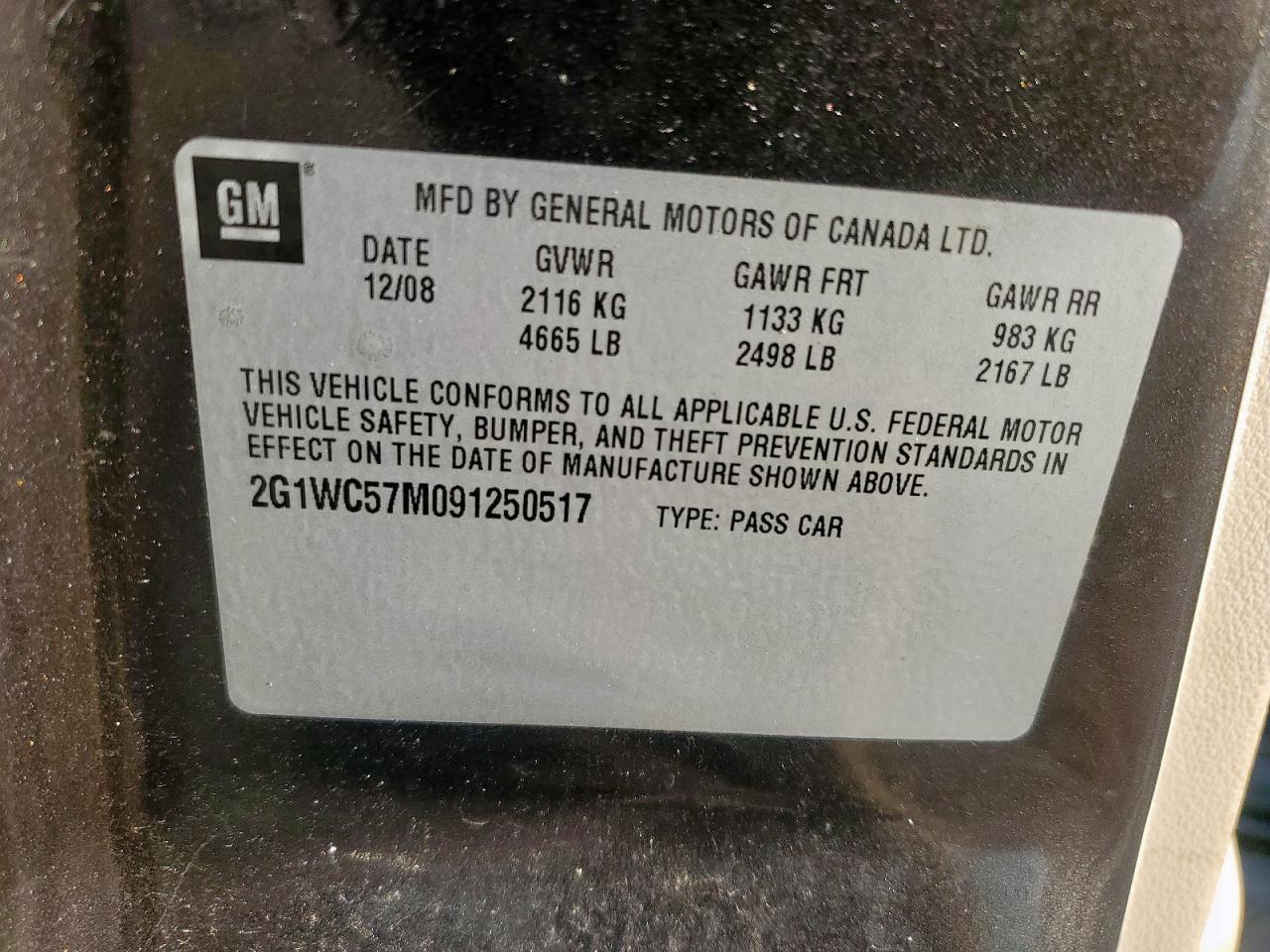 2009 Chevrolet Impala 2Lt VIN: 2G1WC57M091250517 Lot: 60369045