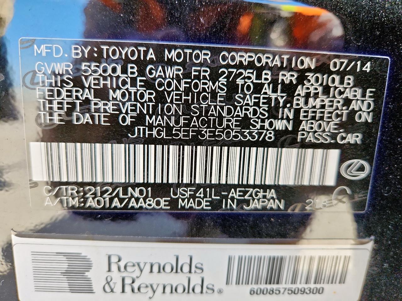 2014 Lexus Ls 460L VIN: JTHGL5EF3E5053378 Lot: 61666425