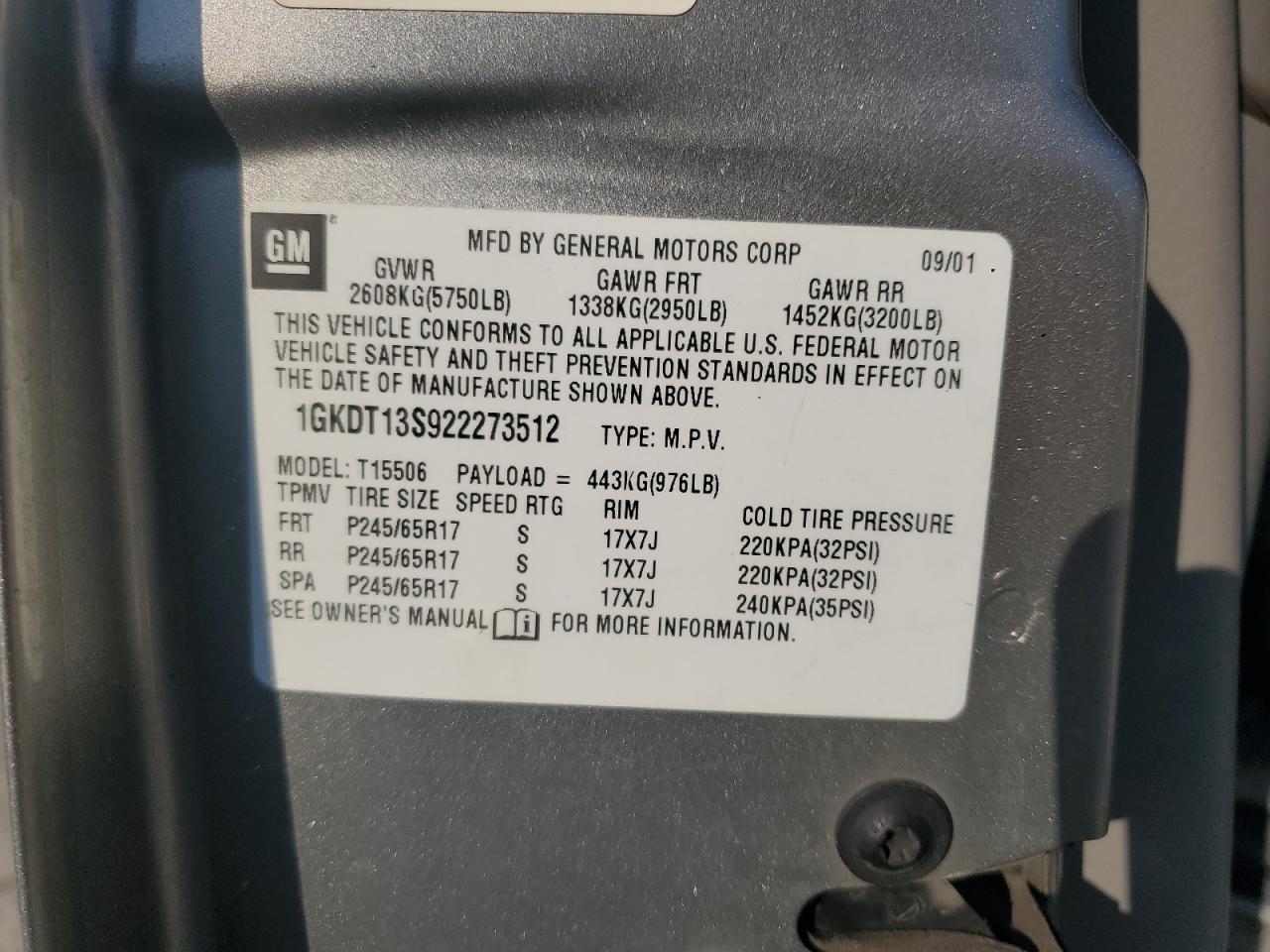 2002 GMC Envoy VIN: 1GKDT13S922273512 Lot: 62592045