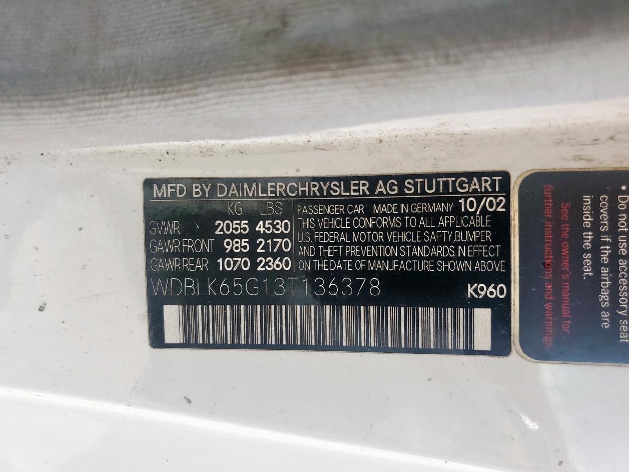 2003 Mercedes-Benz Clk 320 VIN: WDBLK65G13T136378 Lot: 61800755