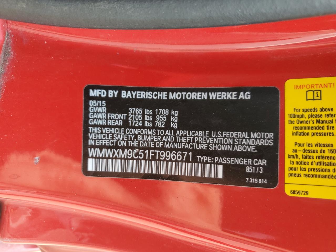 MINI COOPER 2015 VIN WMWXM9C51FT996671 фото 12