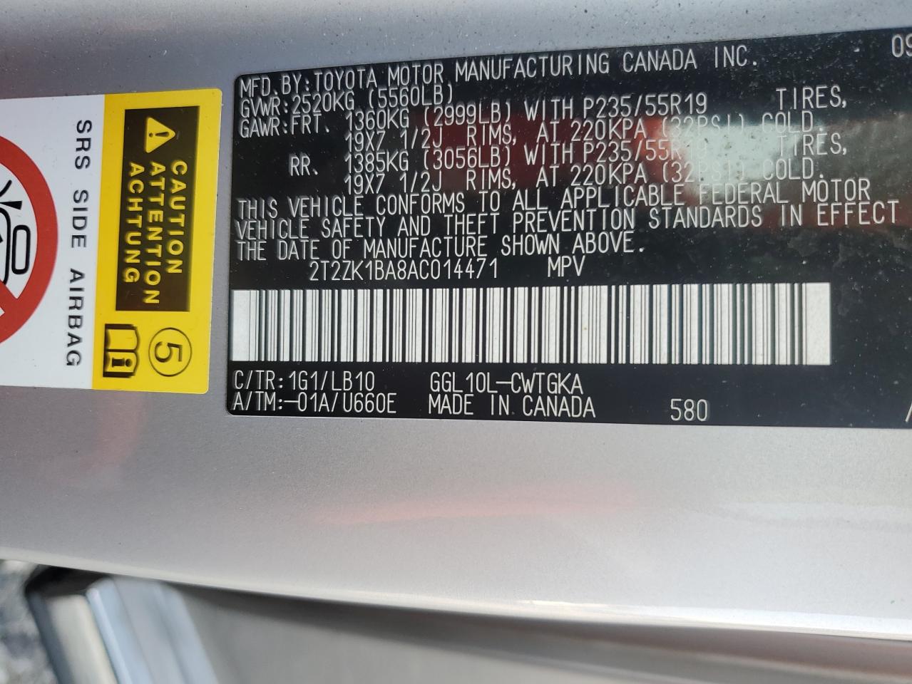 2010 Lexus Rx 350 VIN: 2T2ZK1BA8AC014471 Lot: 58564235