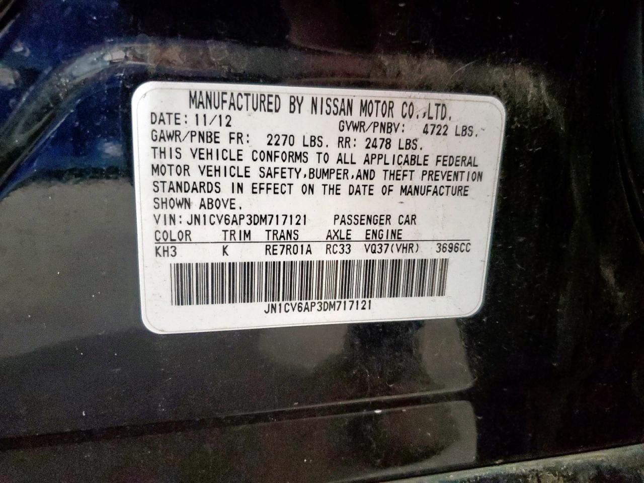 2013 Infiniti G37 Base VIN: JN1CV6AP3DM717121 Lot: 61435355