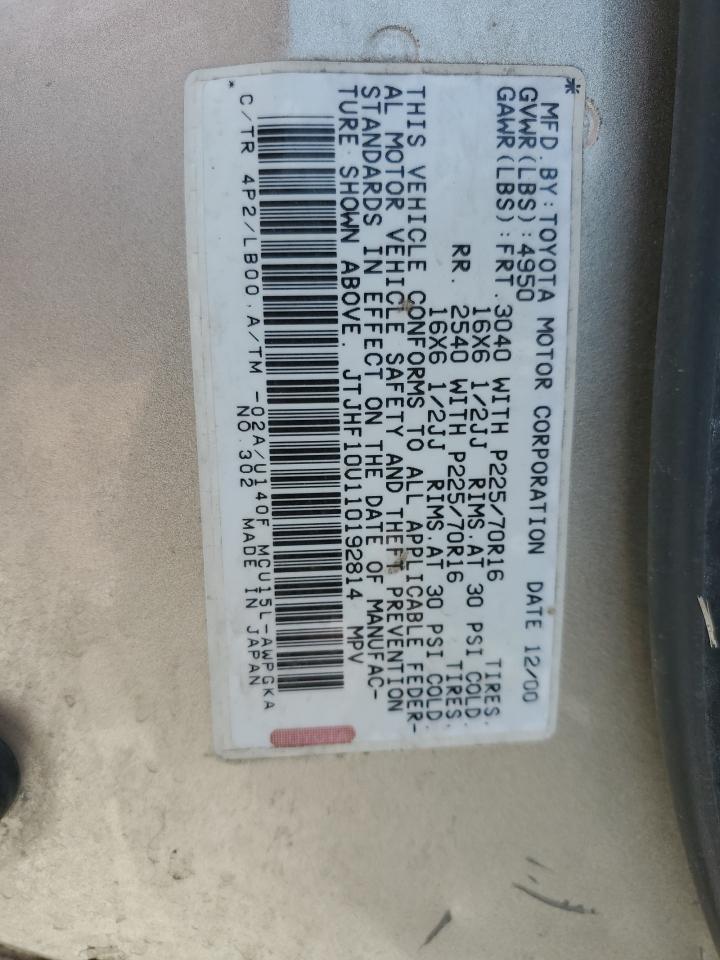 2001 Lexus Rx 300 VIN: JTJHF10U110192814 Lot: 59821655