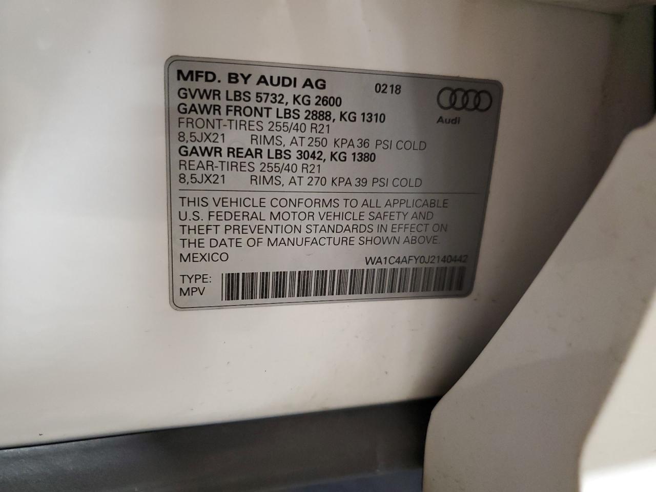 2018 Audi Sq5 Prestige VIN: WA1C4AFY0J2140442 Lot: 61992155
