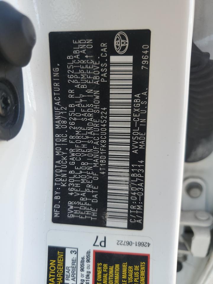 2012 Toyota Camry Hybrid VIN: 4T1BD1FK8CU045224 Lot: 62531585