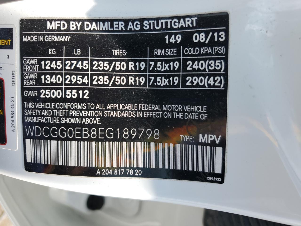 2014 Mercedes-Benz Glk 250 Bluetec VIN: WDCGG0EB8EG189798 Lot: 60352115