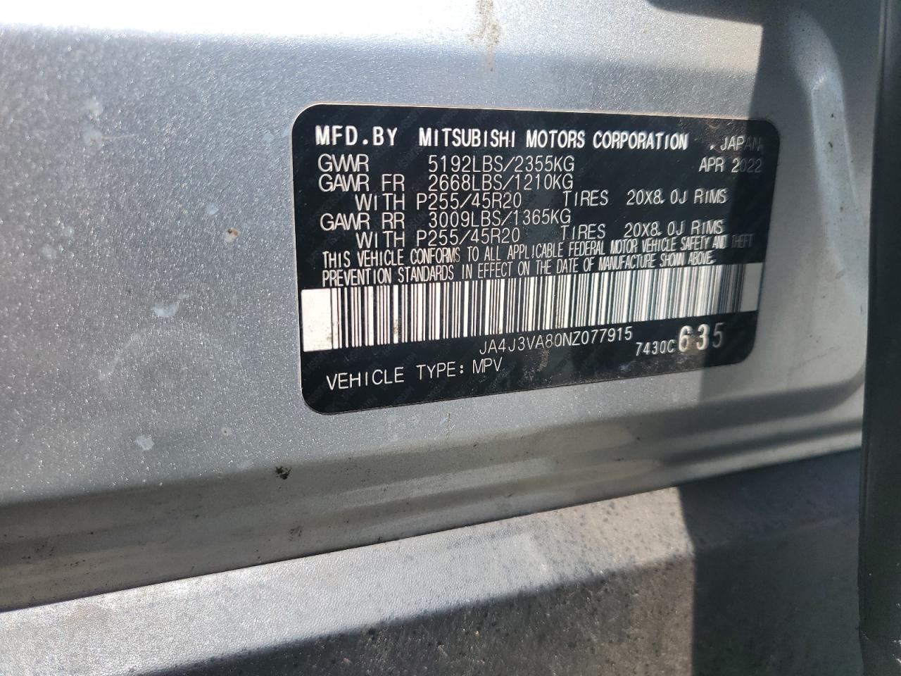 2022 Mitsubishi Outlander Sel VIN: JA4J3VA80NZ077915 Lot: 62328305