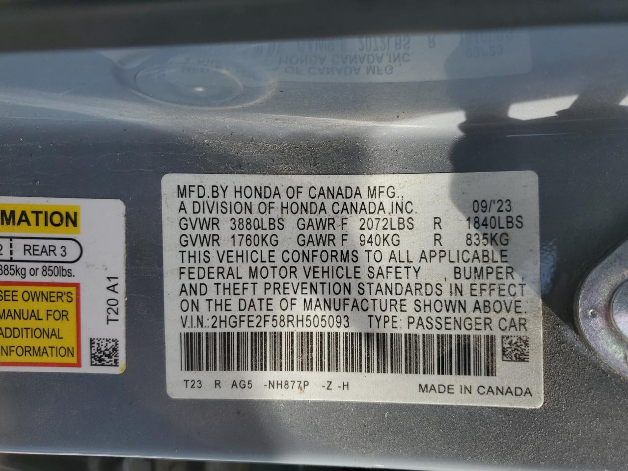 HONDA CIVIC 2024 VIN 2HGFE2F58RH505093 photo 12