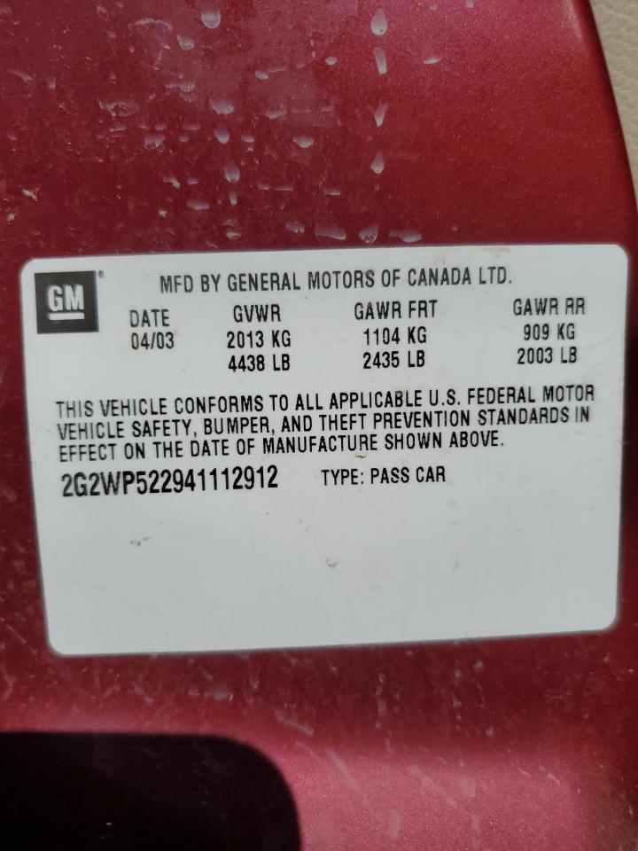 2004 Pontiac Grand Prix Gt VIN: 2G2WP522941112912 Lot: 60835865