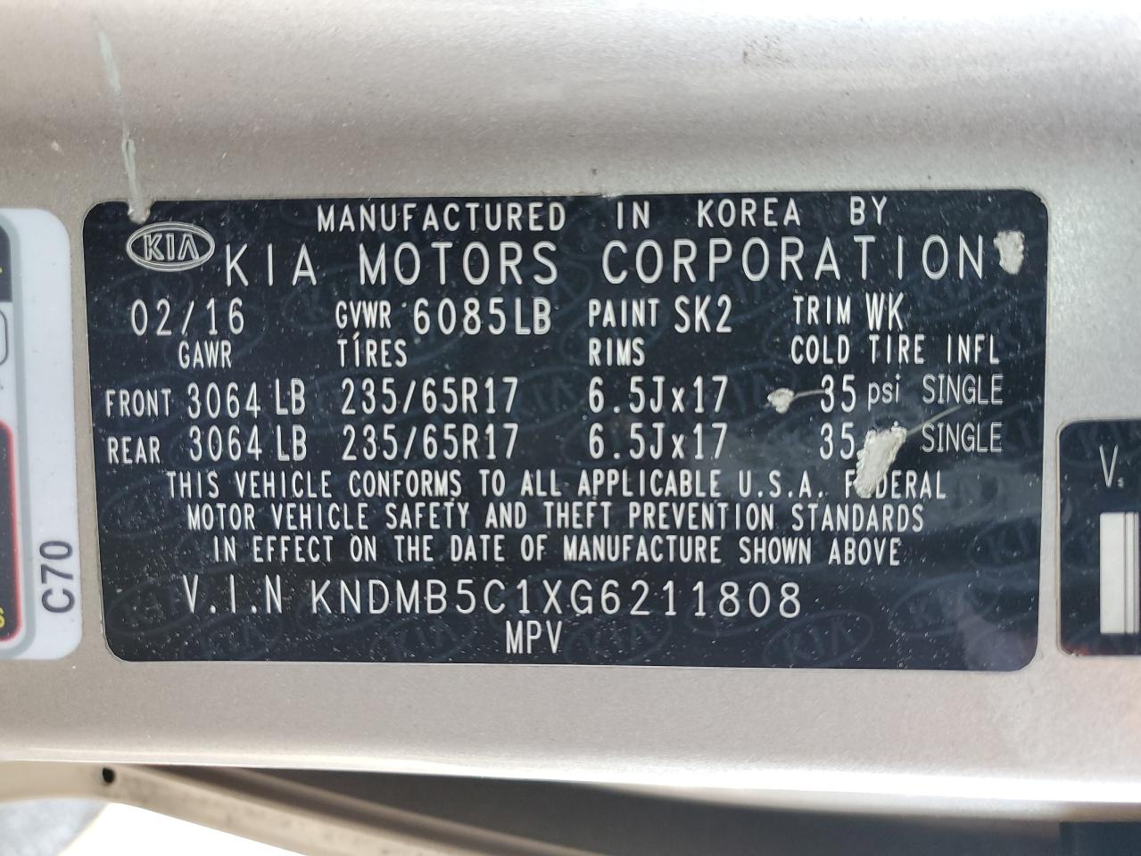 2016 Kia Sedona Lx VIN: KNDMB5C1XG6211808 Lot: 61795595