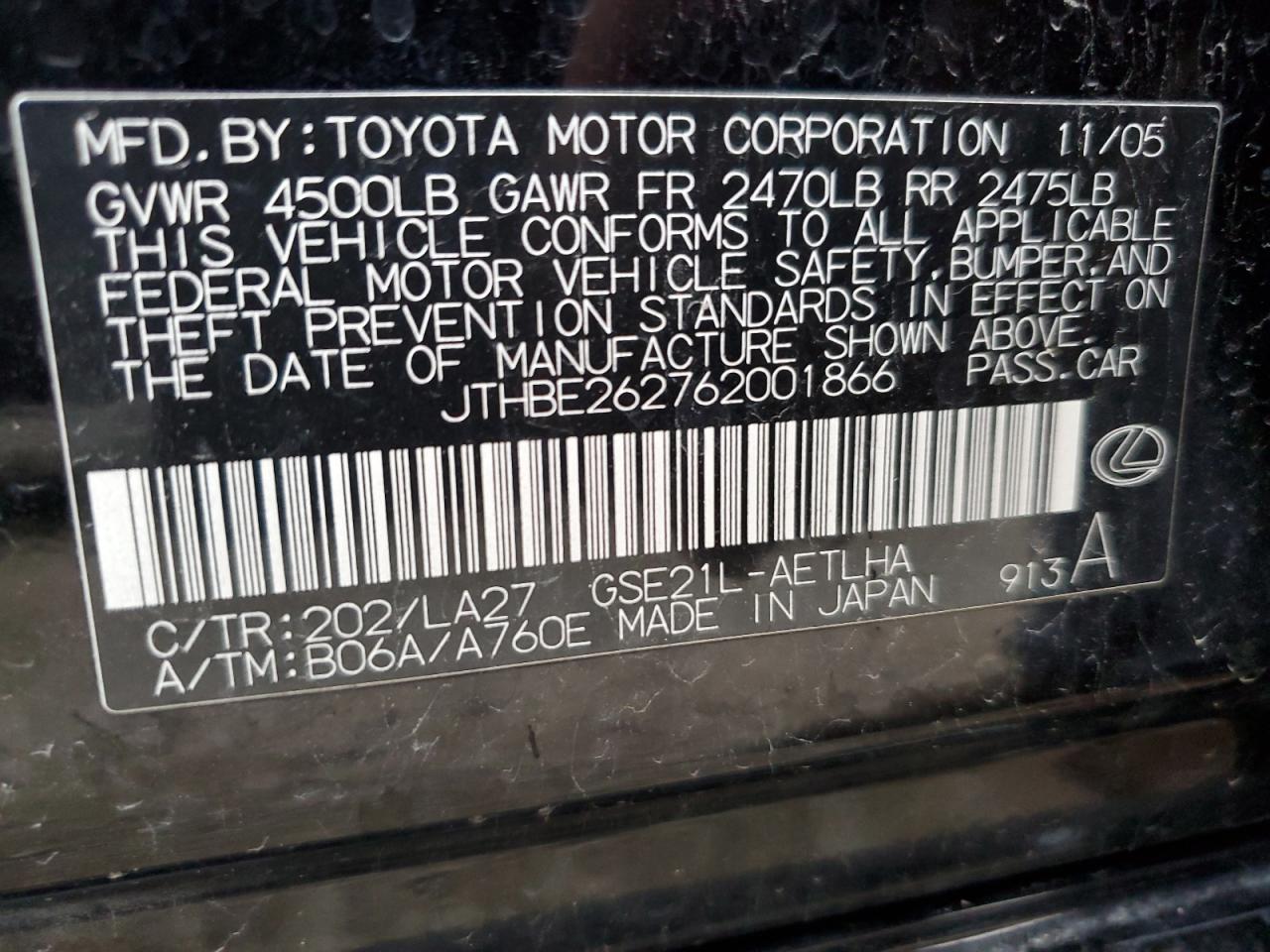 2006 Lexus Is 350 VIN: JTHBE262762001866 Lot: 59265115