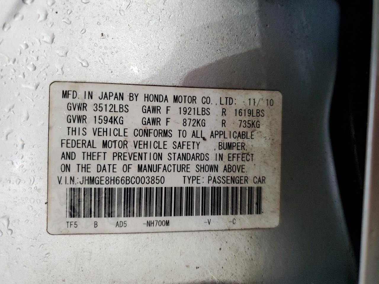 2011 Honda Fit Sport VIN: JHMGE8H66BC003850 Lot: 60084815