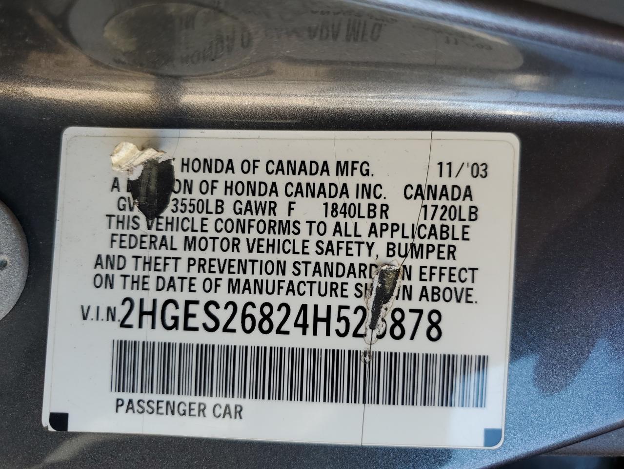 2004 Honda Civic Ex VIN: 2HGES26824H525878 Lot: 59732315
