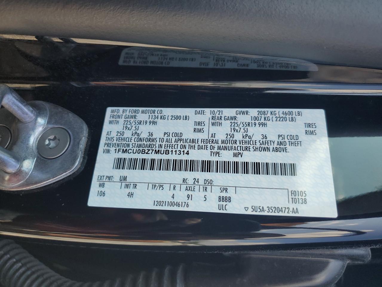 2021 Ford Escape Se VIN: 1FMCU0BZ7MUB11314 Lot: 62907625