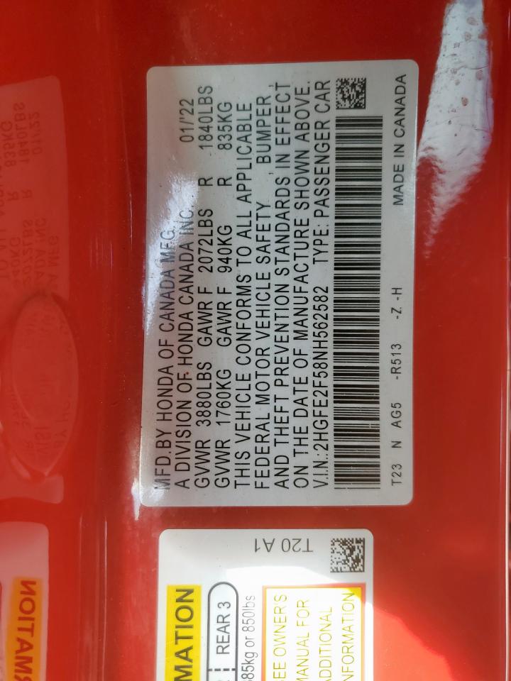 2022 Honda Civic Sport VIN: 2HGFE2F58NH562582 Lot: 62704265