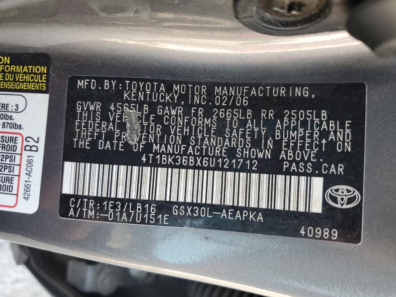 2006 Toyota Avalon Xl VIN: 4T1BK36BX6U121712 Lot: 61717605