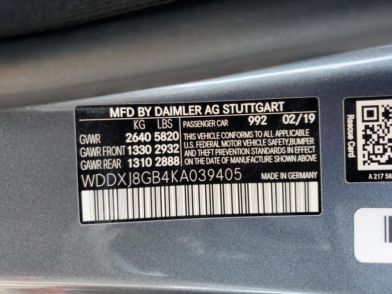 2019 Mercedes-Benz S 560 4Matic VIN: WDDXJ8GB4KA039405 Lot: 61611285