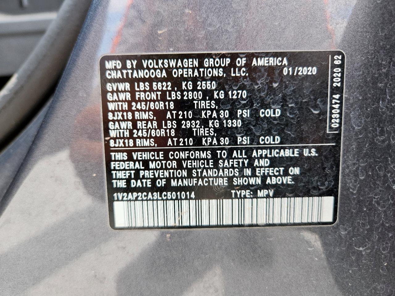 2020 Volkswagen Atlas S VIN: 1V2AP2CA3LC501014 Lot: 61949235
