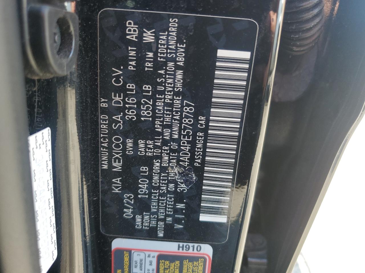 2023 Kia Rio Lx VIN: 3KPA24AD4PE578787 Lot: 61436175