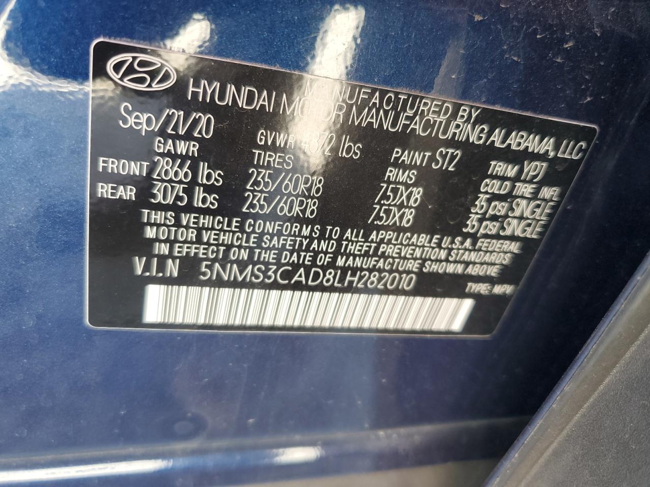 2020 Hyundai Santa Fe Sel VIN: 5NMS3CAD8LH282010 Lot: 61694125