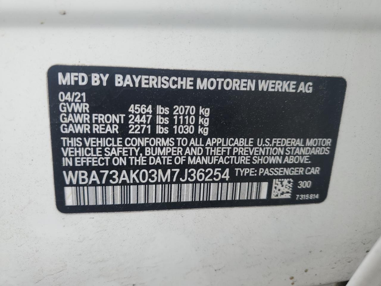 2021 BMW 228Xi VIN: WBA73AK03M7J36254 Lot: 61091545
