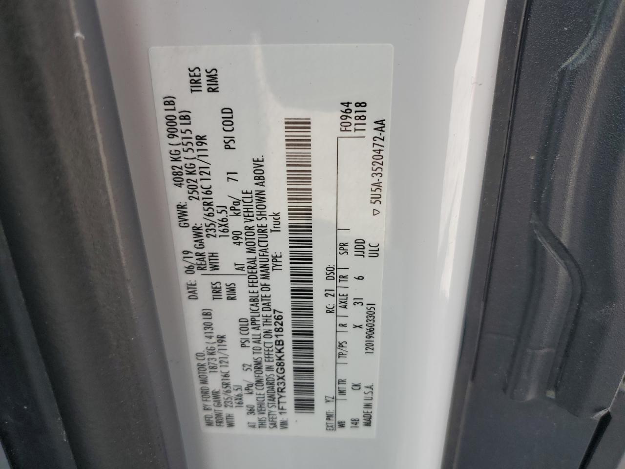 2019 Ford Transit T-250 VIN: 1FTYR3XG8KKB18267 Lot: 67634645