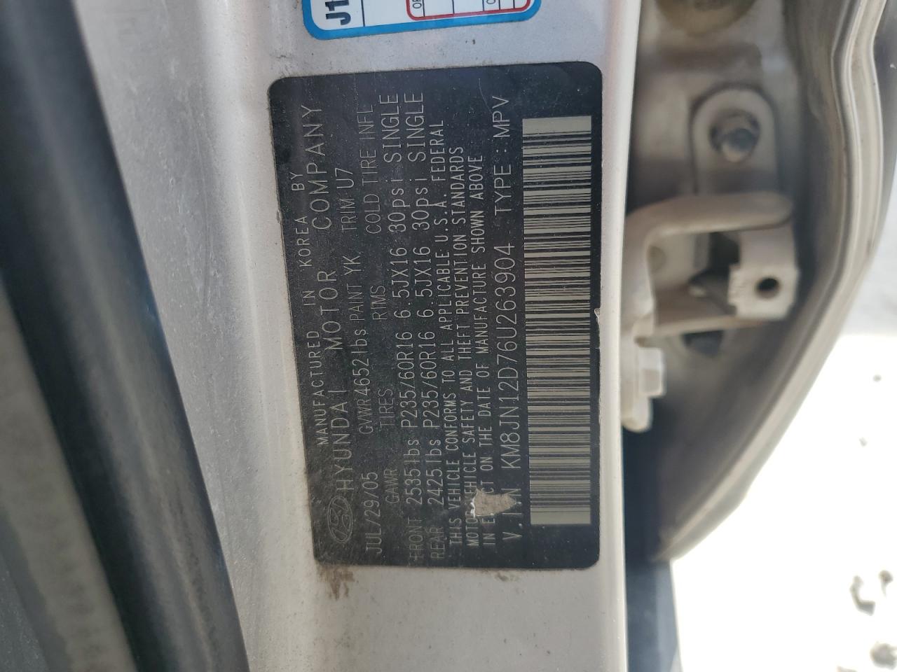 2006 Hyundai Tucson Gls VIN: KM8JN12D76U263904 Lot: 60747175