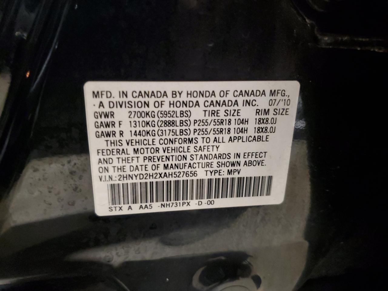 2010 Acura Mdx VIN: 2HNYD2H2XAH527656 Lot: 62848305