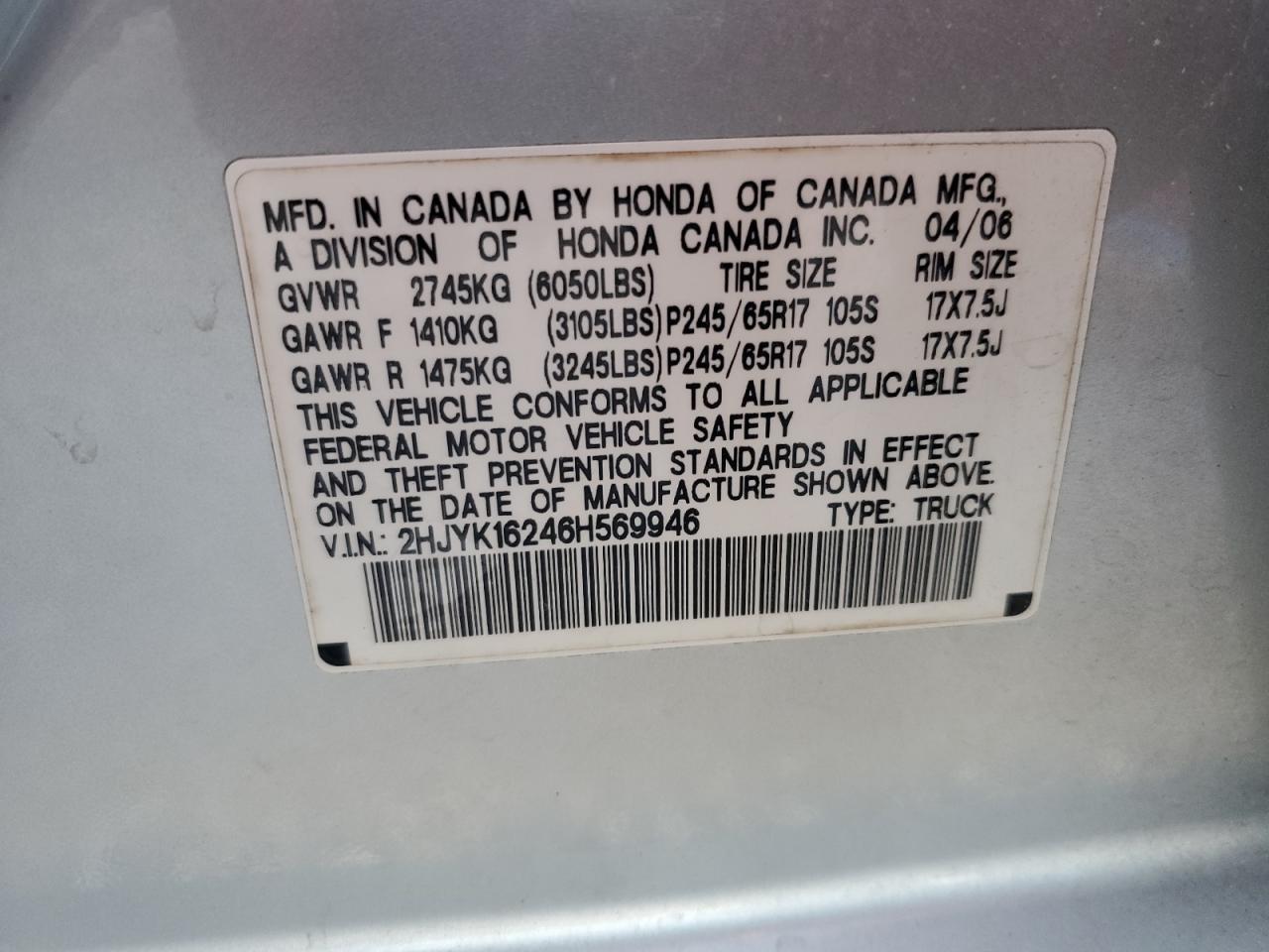 2006 Honda Ridgeline Rt VIN: 2HJYK16246H569946 Lot: 61652435