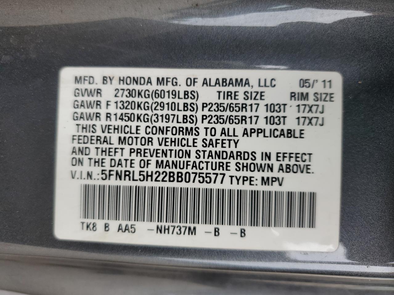 2011 Honda Odyssey Lx VIN: 5FNRL5H22BB075577 Lot: 62794495