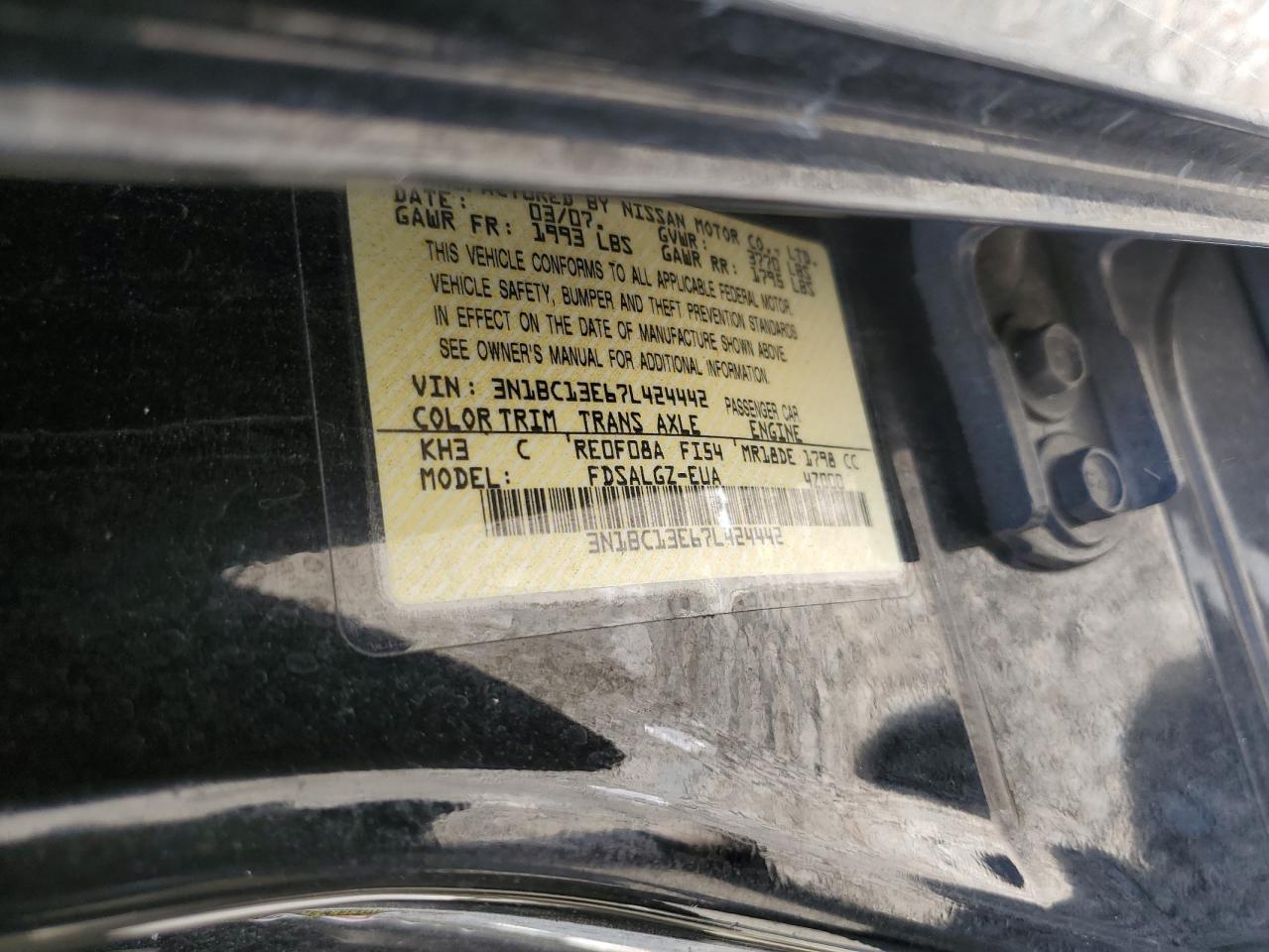 NISSAN VERSA 2007 VIN 3N1BC13E67L424442 photo 14
