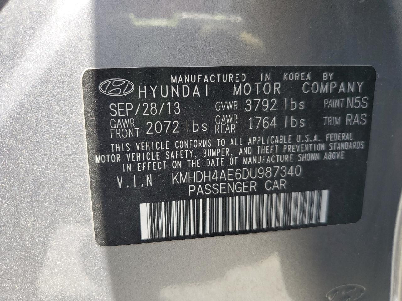 2013 Hyundai Elantra Gls VIN: KMHDH4AE6DU987340 Lot: 61793895