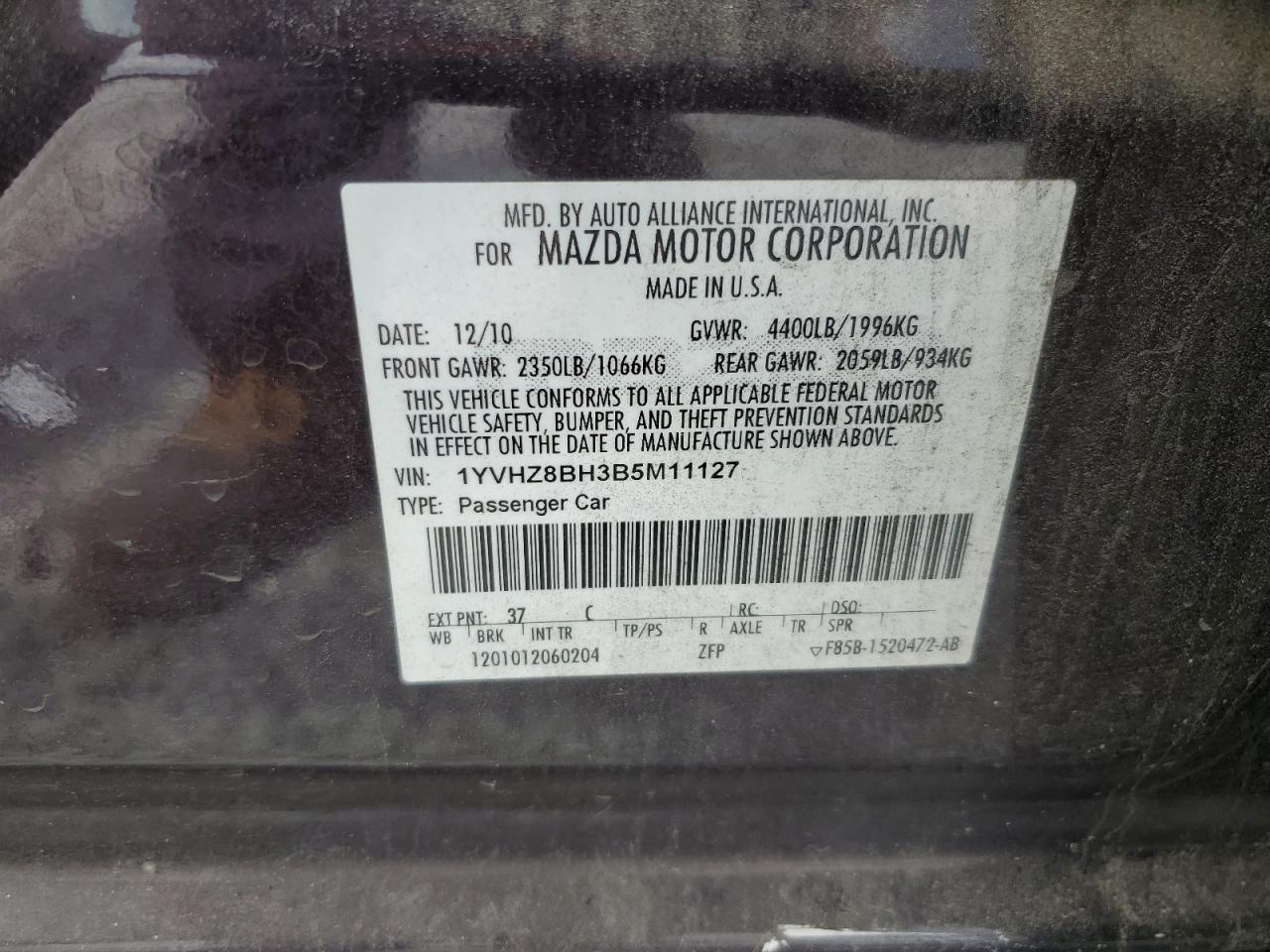 2011 Mazda 6 I VIN: 1YVHZ8BH3B5M11127 Lot: 61164935