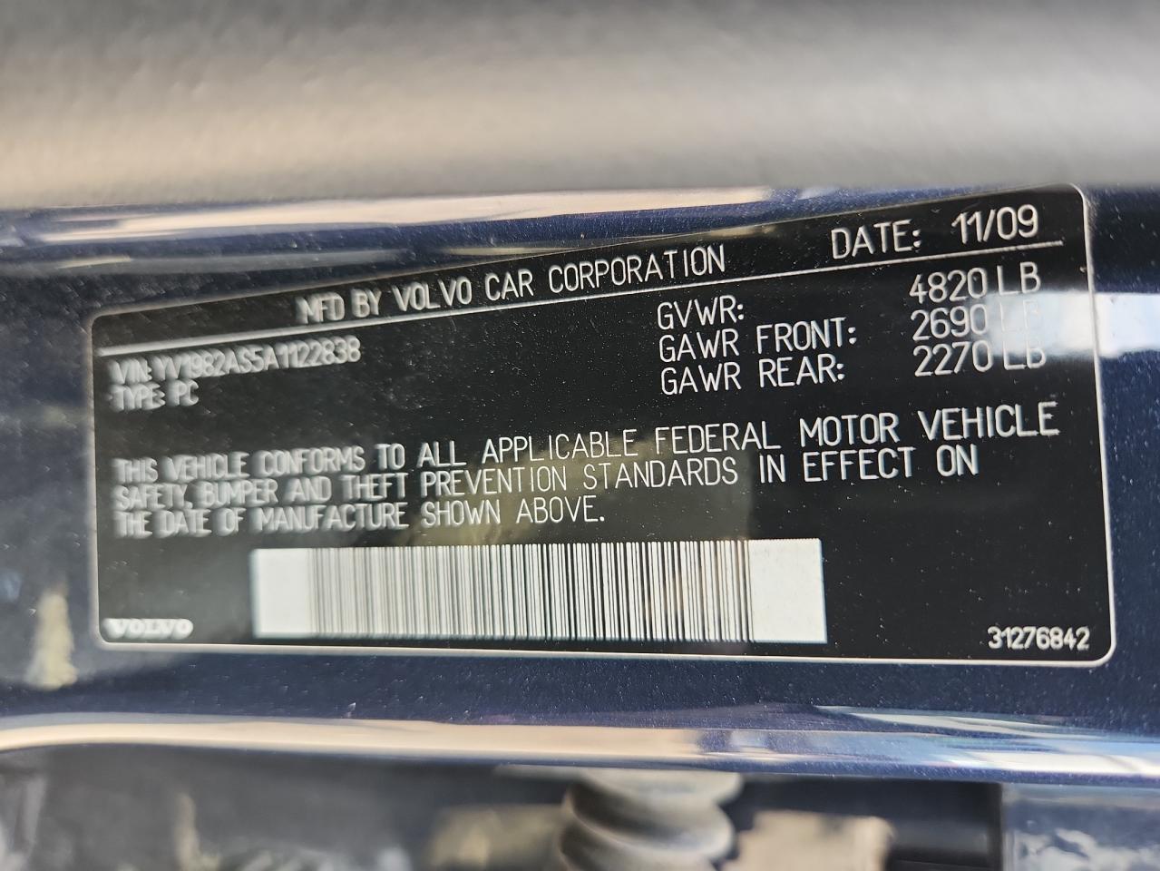 2010 Volvo S80 3.2 VIN: YV1982AS5A1122838 Lot: 60327895