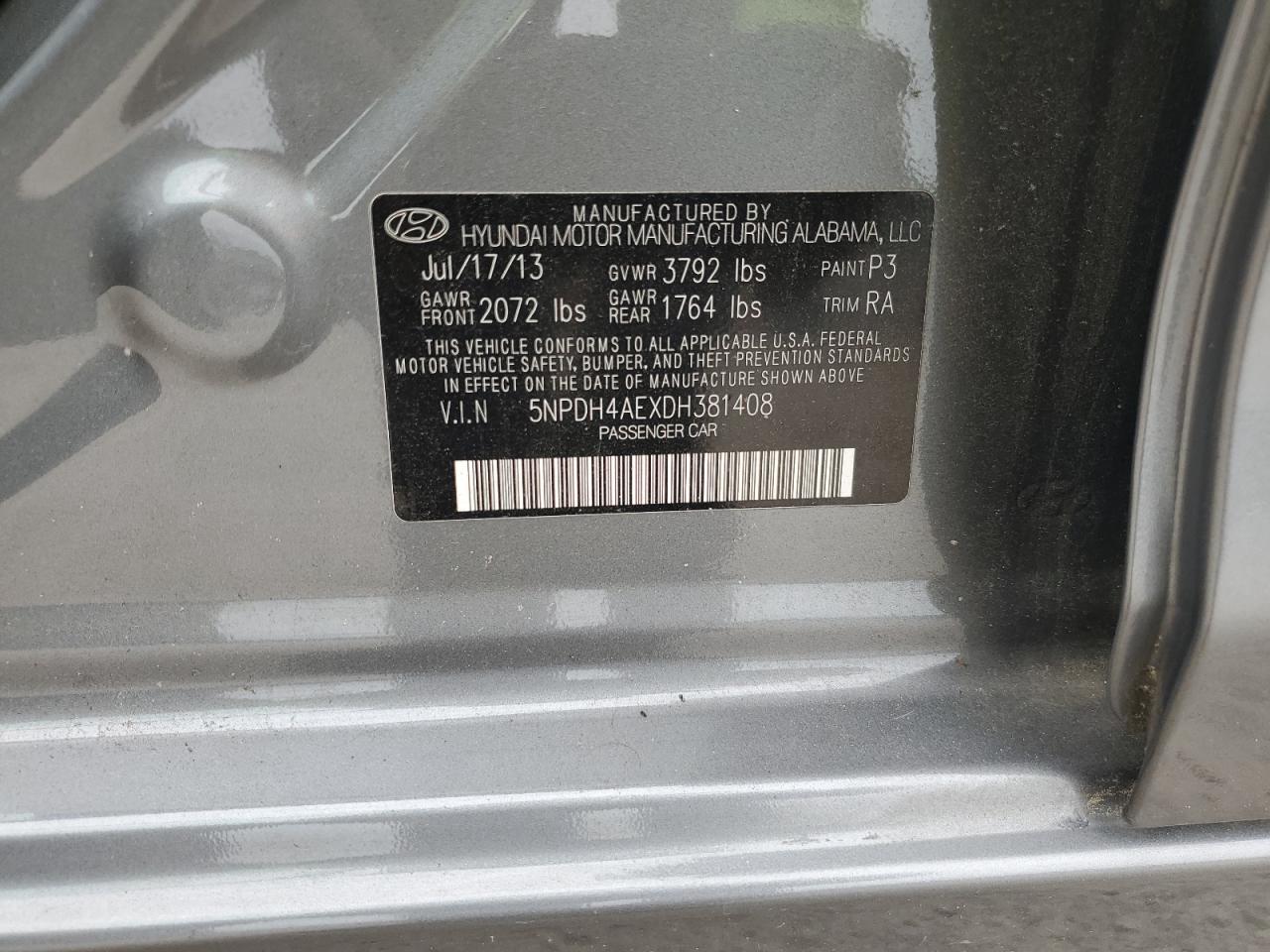 2013 Hyundai Elantra Gls VIN: 5NPDH4AEXDH381408 Lot: 59611075