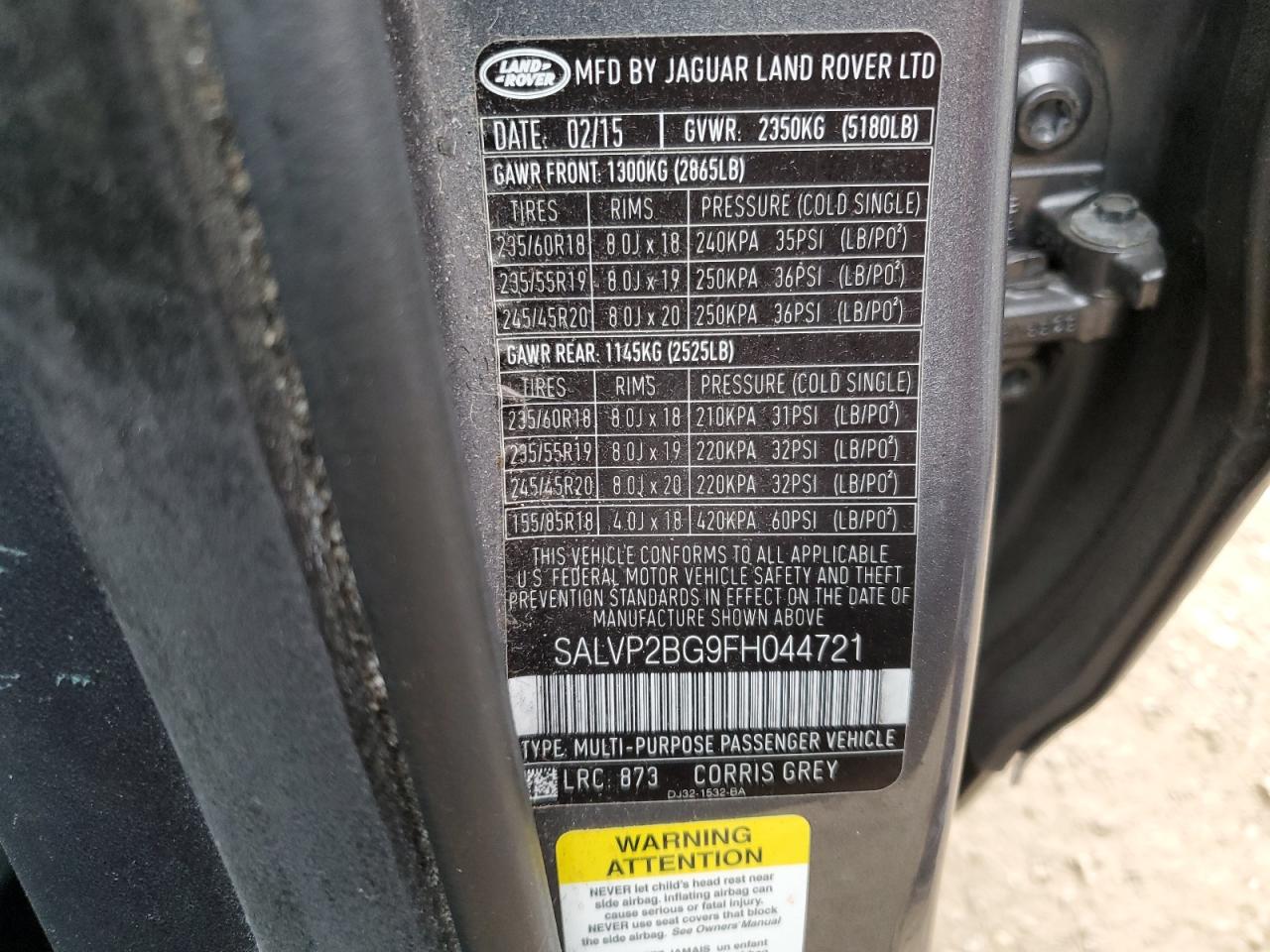 2015 Land Rover Range Rover Evoque Pure Plus VIN: SALVP2BG9FH044721 Lot: 60676565
