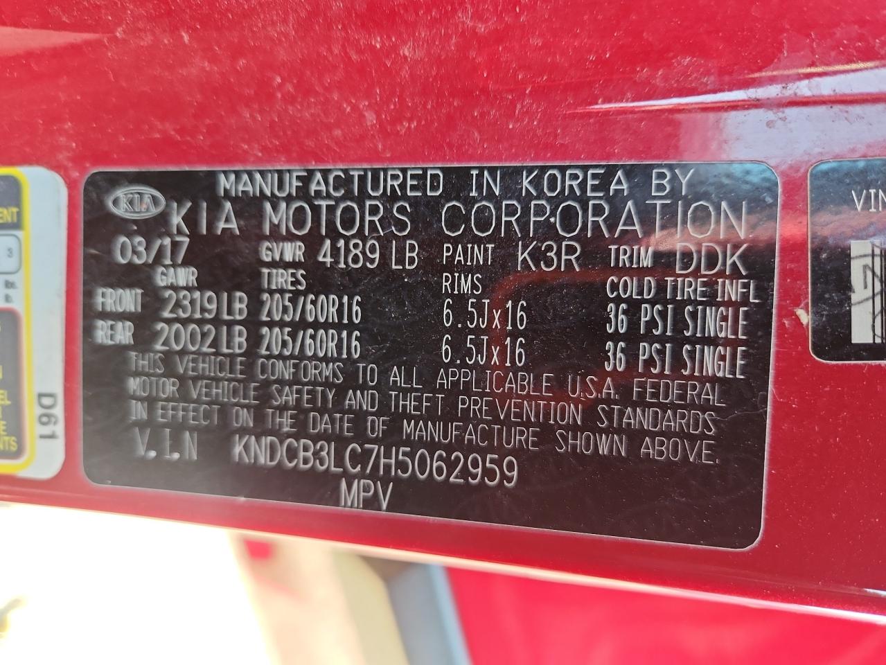2017 Kia Niro Fe VIN: KNDCB3LC7H5062959 Lot: 61074985