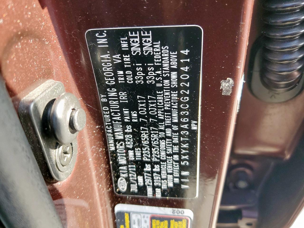 2012 Kia Sorento Base VIN: 5XYKT3A63CG220414 Lot: 59945015